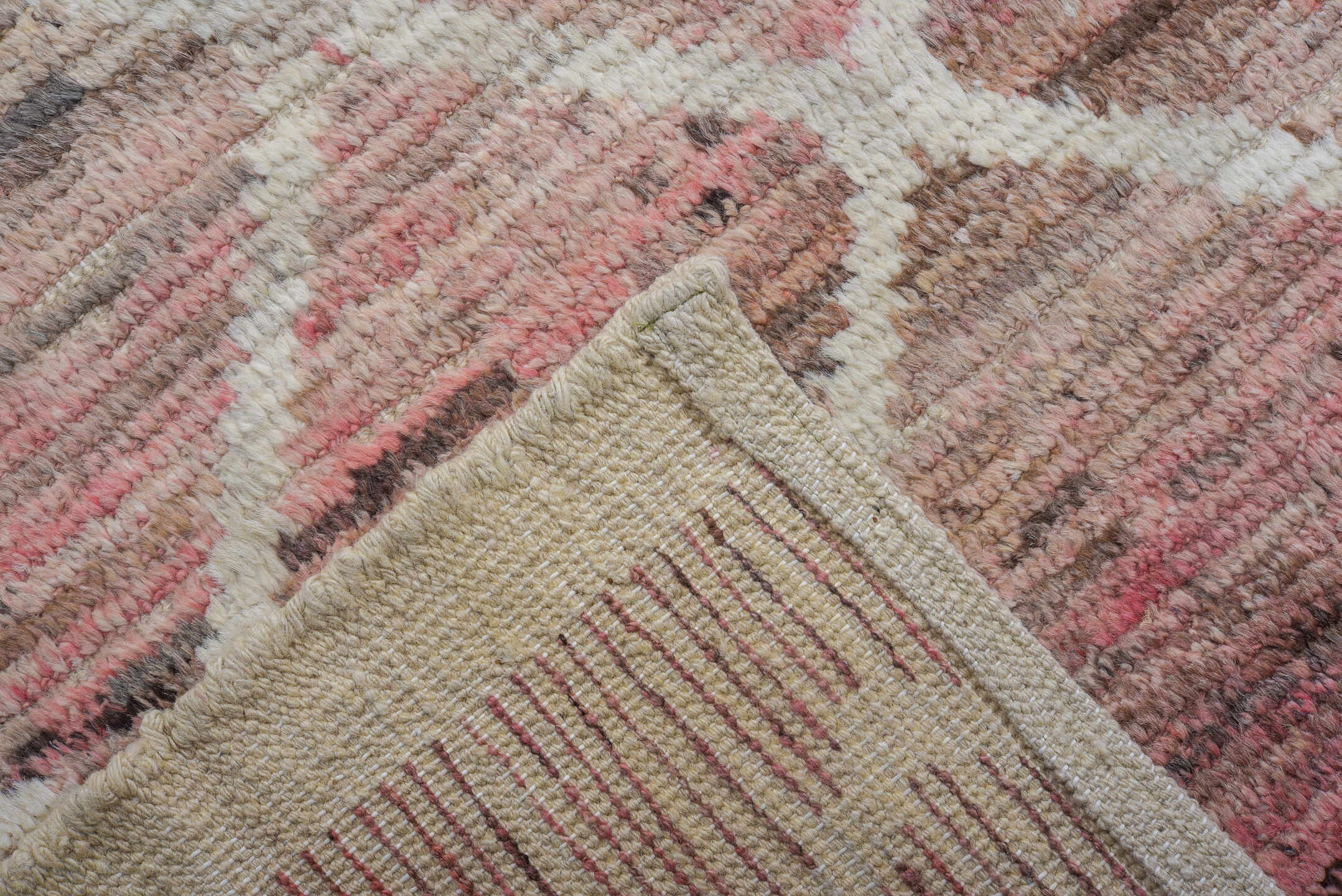 10' x 13' one-of-a-kind handmade vintage Tulu large size rug. Color palette: rose, ivory, taupe, blush, beige, brown, pink