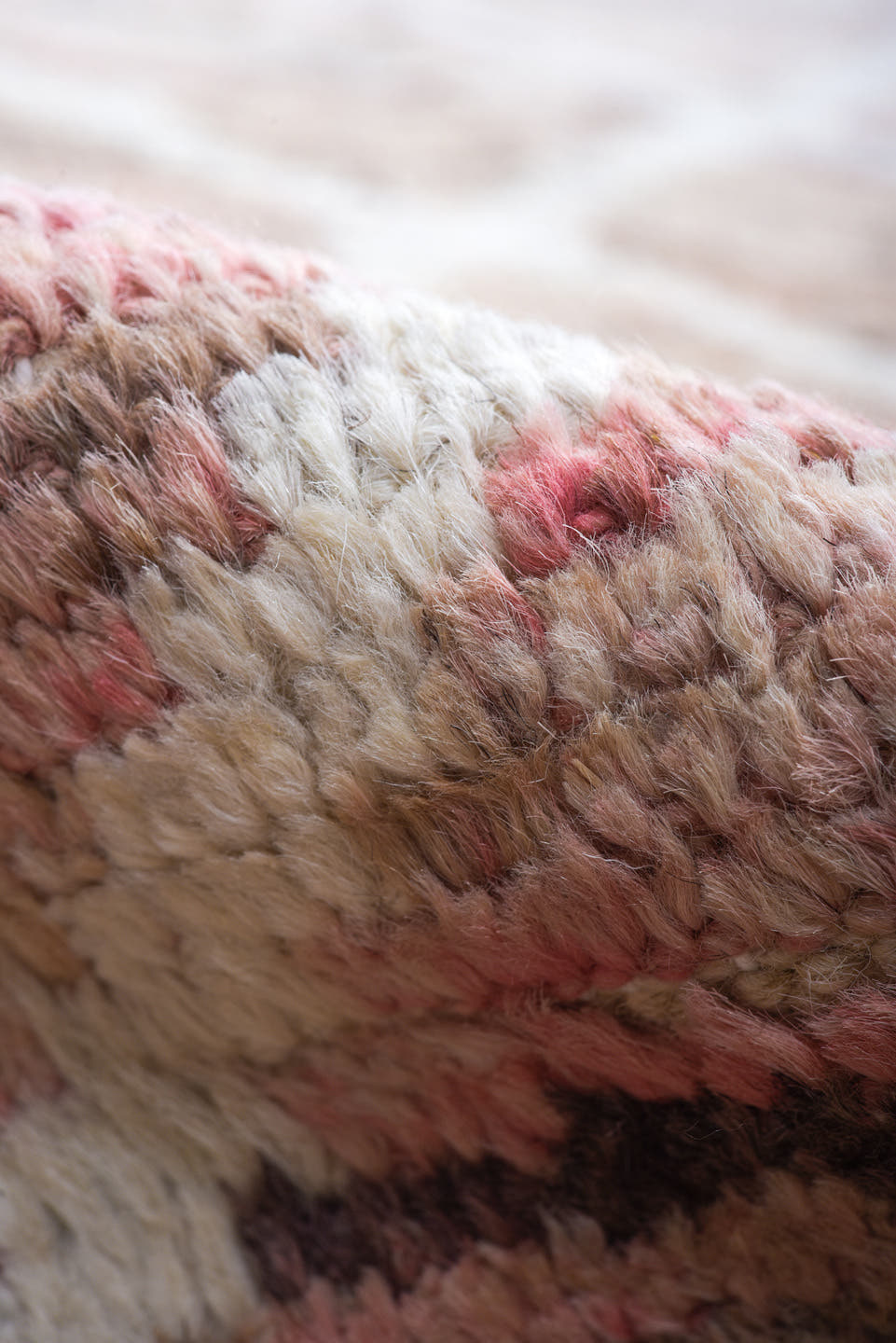 10' x 13' one-of-a-kind handmade vintage Tulu large size rug. Color palette: rose, ivory, taupe, blush, beige, brown, pink