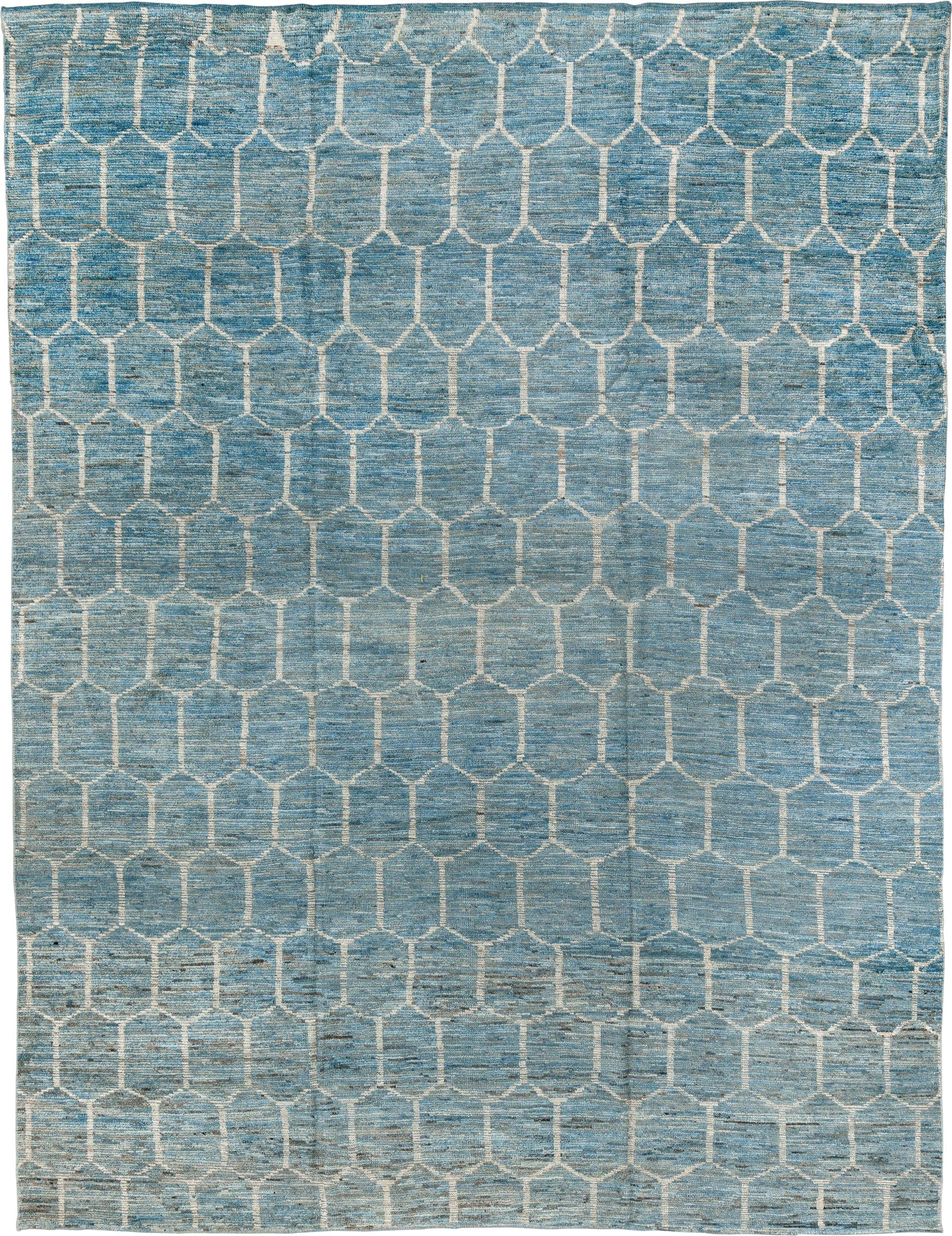10' x 13' one-of-a-kind handmade vintage Tulu large size rug. Color palette: sky blue, ivory, slate, cream, light blue, gray