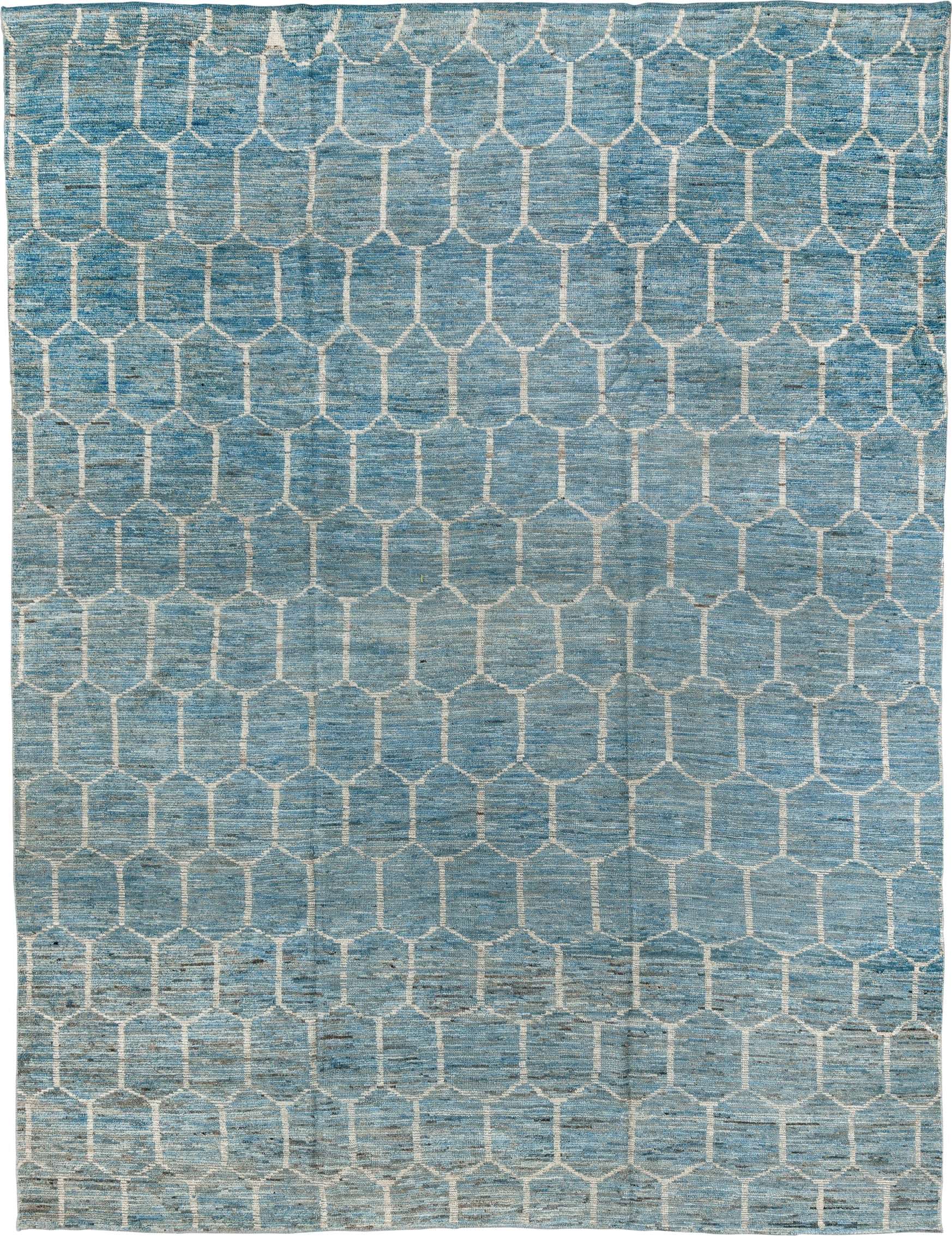 10' x 13' one-of-a-kind handmade vintage Tulu large size rug. Color palette: sky blue, ivory, slate, cream, light blue, gray