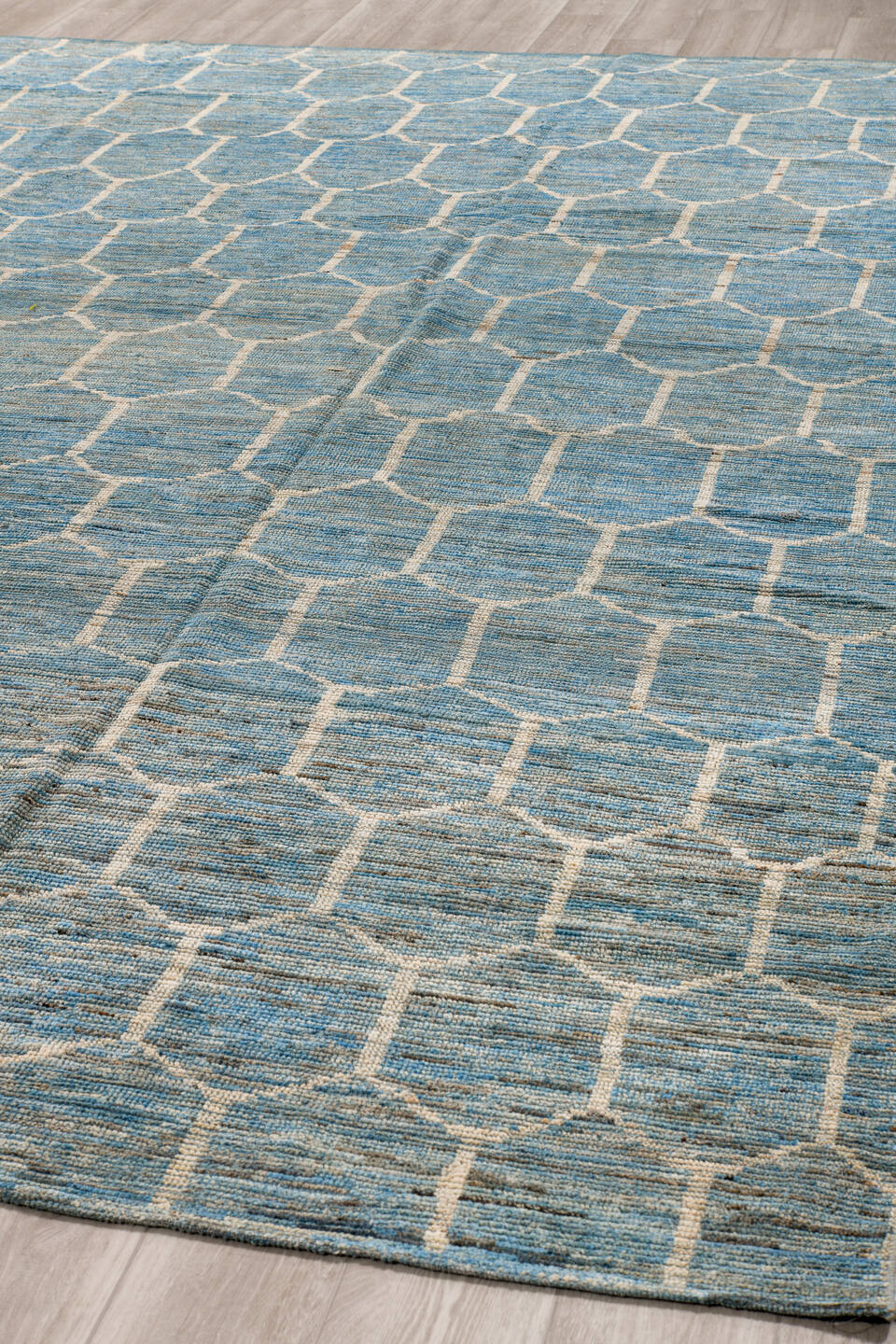 10' x 13' one-of-a-kind handmade vintage Tulu large size rug. Color palette: sky blue, ivory, slate, cream, light blue, gray