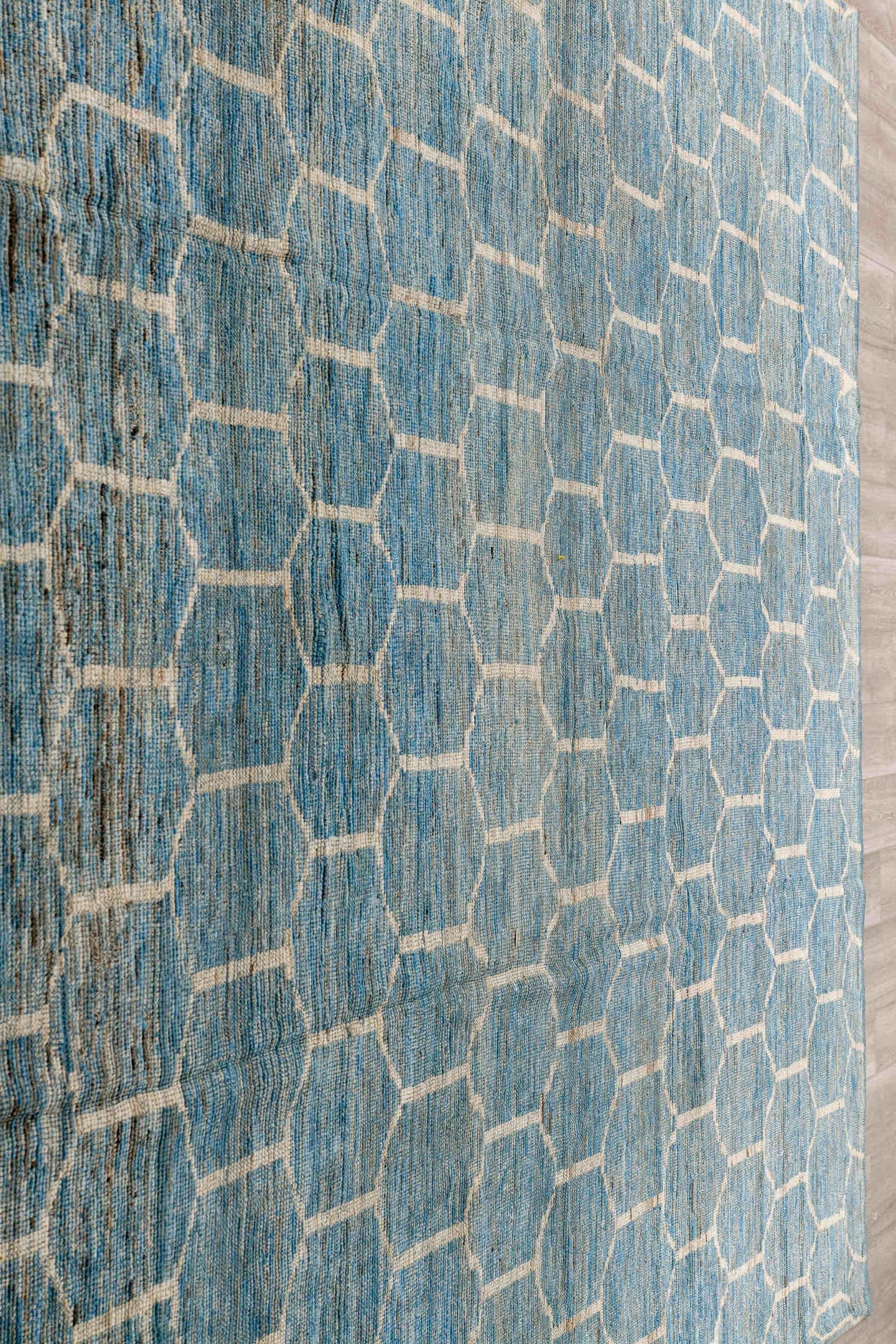 10' x 13' one-of-a-kind handmade vintage Tulu large size rug. Color palette: sky blue, ivory, slate, cream, light blue, gray
