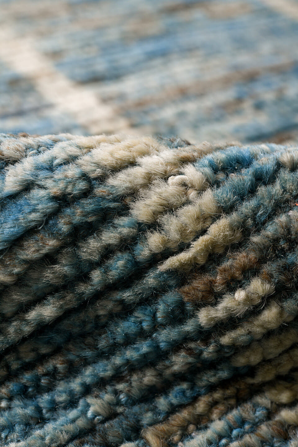 10' x 13' one-of-a-kind handmade vintage Tulu large size rug. Color palette: sky blue, ivory, slate, cream, light blue, gray