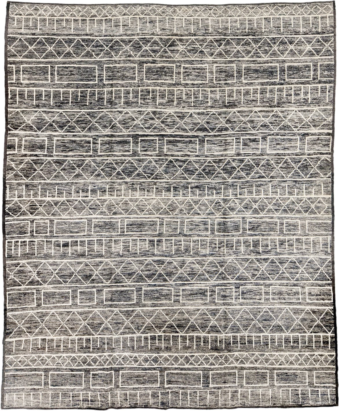 9' x 11' one-of-a-kind handmade vintage Tulu large size rug. Color palette: charcoal, ivory, slate, taupe, gray, black