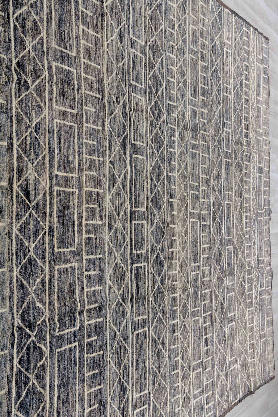 9' x 11' one-of-a-kind handmade vintage Tulu large size rug. Color palette: charcoal, ivory, slate, taupe, gray, black