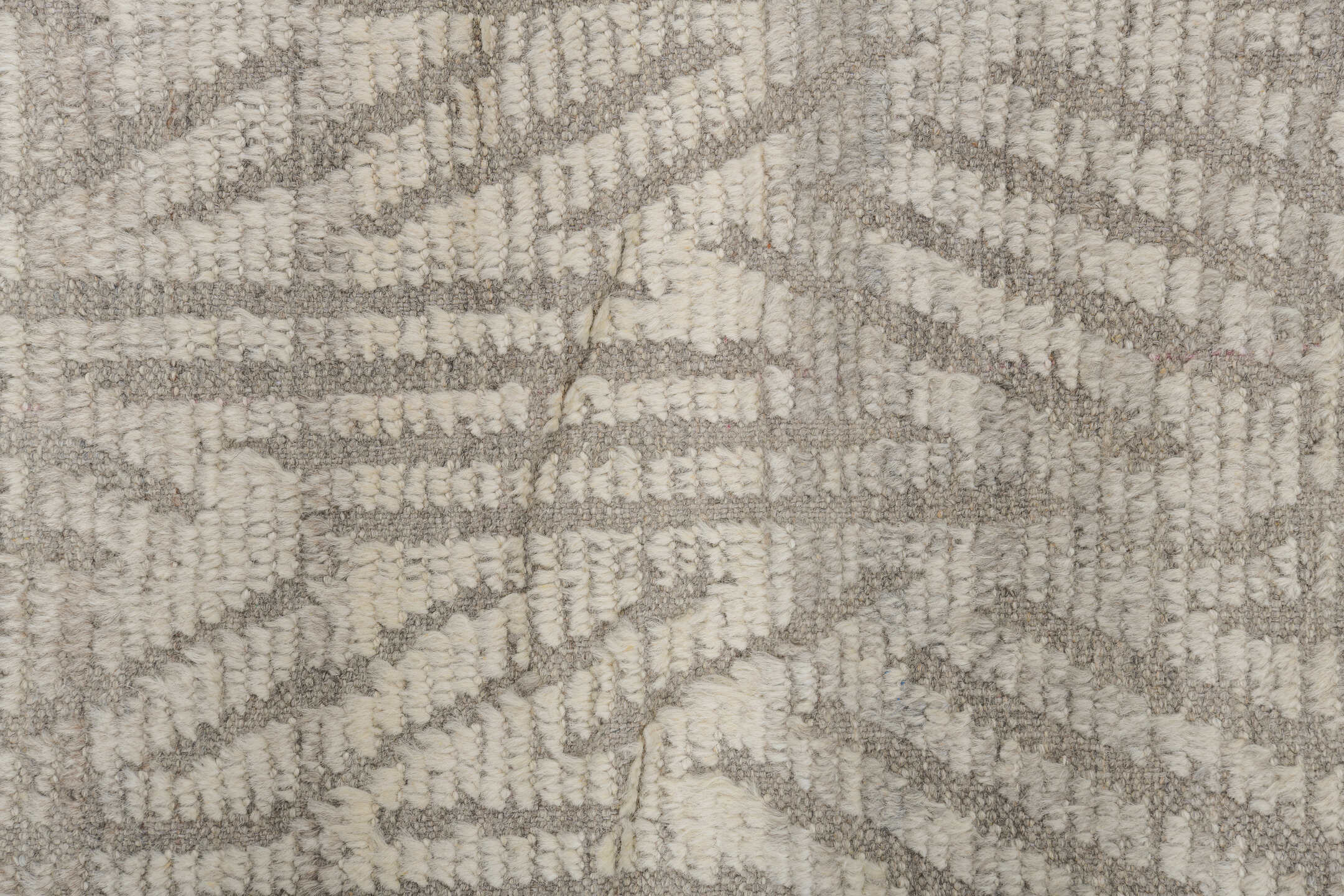8' x 9' one-of-a-kind handmade vintage Tulu rug. Color palette: ivory, taupe, cream, beige, gray
