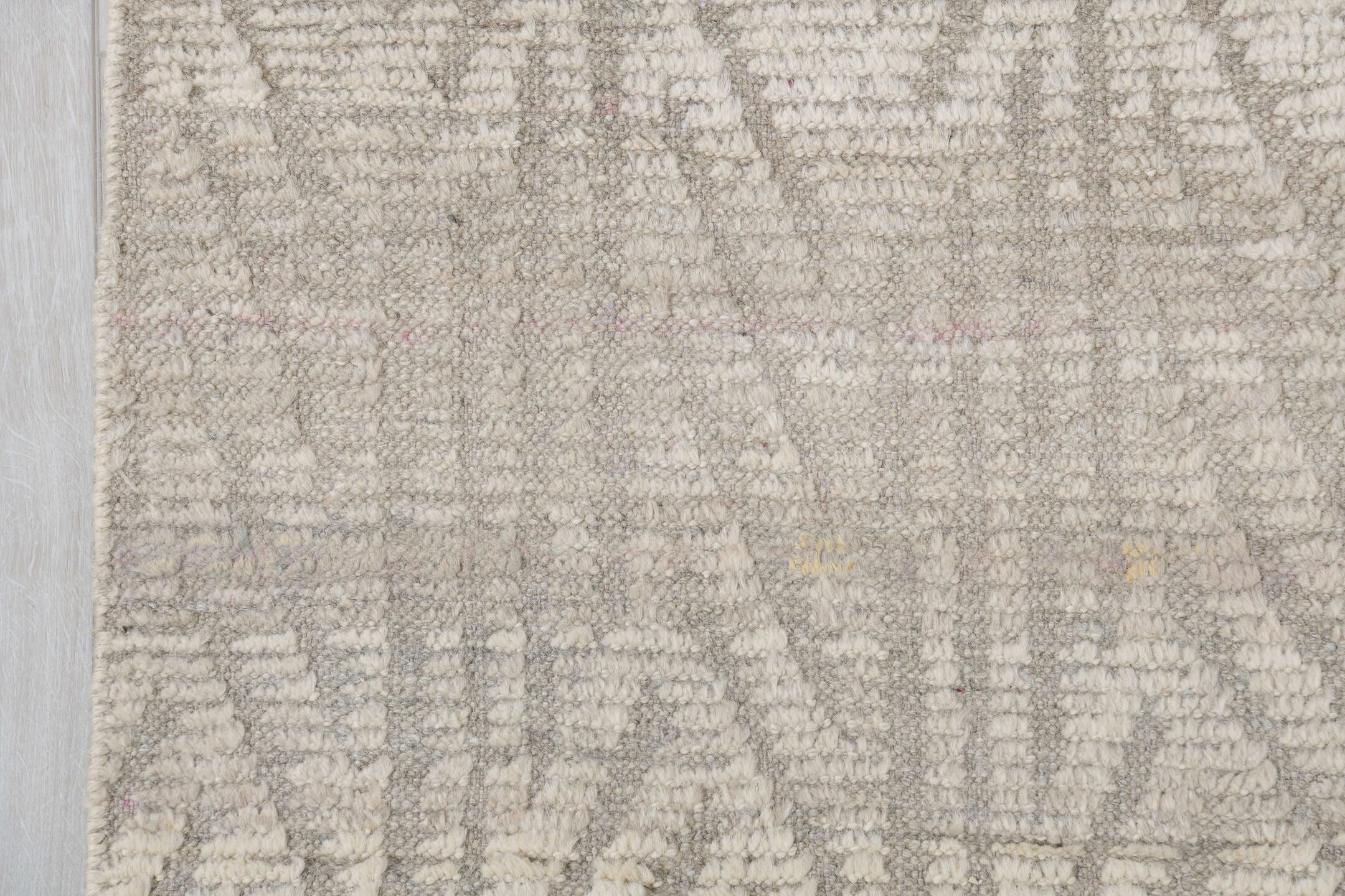 8' x 9' one-of-a-kind handmade vintage Tulu rug. Color palette: ivory, taupe, cream, beige, gray