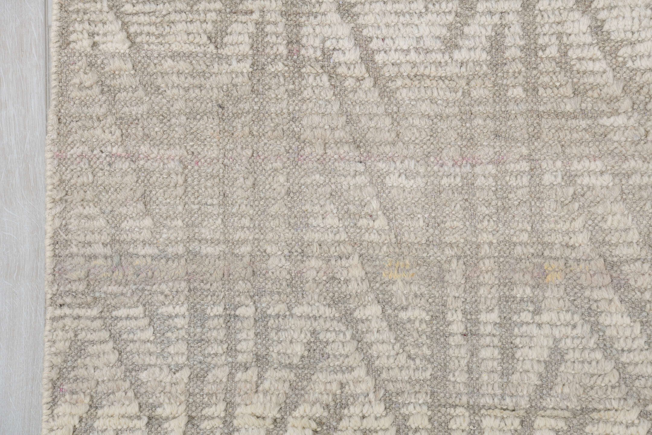 8' x 9' one-of-a-kind handmade vintage Tulu rug. Color palette: ivory, taupe, cream, beige, gray