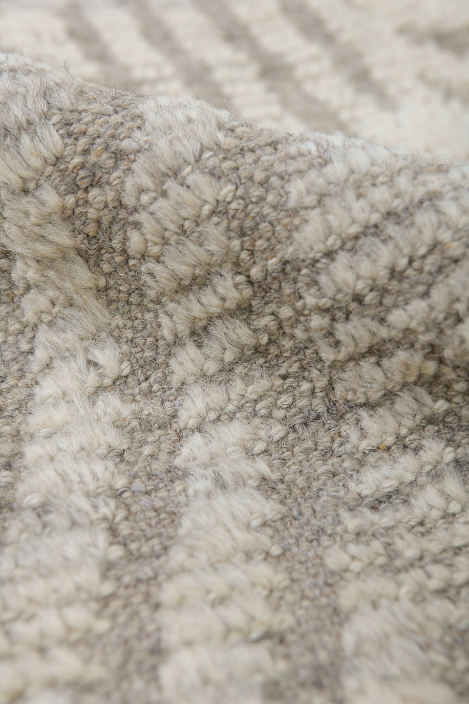 8' x 9' one-of-a-kind handmade vintage Tulu rug. Color palette: ivory, taupe, cream, beige, gray