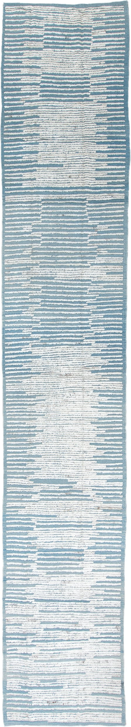 3' x 19' one-of-a-kind handmade vintage Tulu runner rug. Color palette: ivory, sky blue, light blue