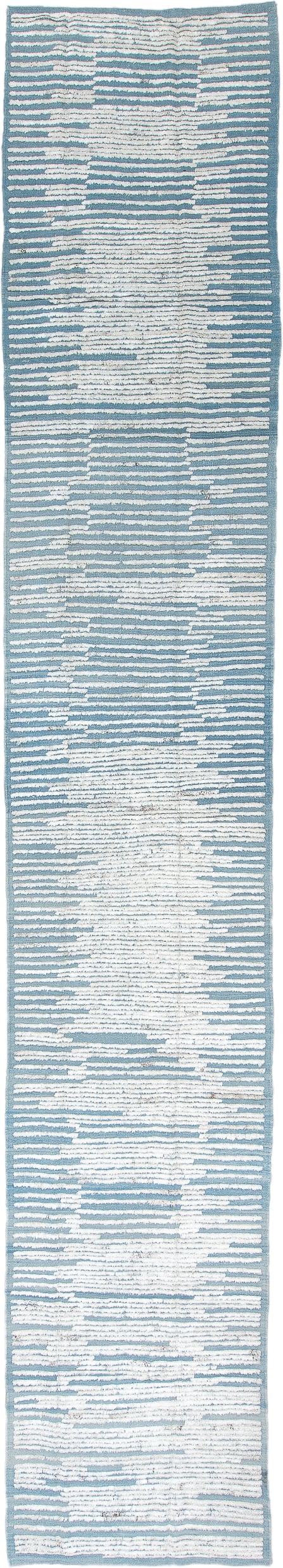 3' x 19' one-of-a-kind handmade vintage Tulu runner rug. Color palette: ivory, sky blue, light blue