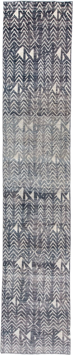 3' x 19' one-of-a-kind handmade vintage Tulu runner rug. Color palette: charcoal, ivory, slate, gray, black