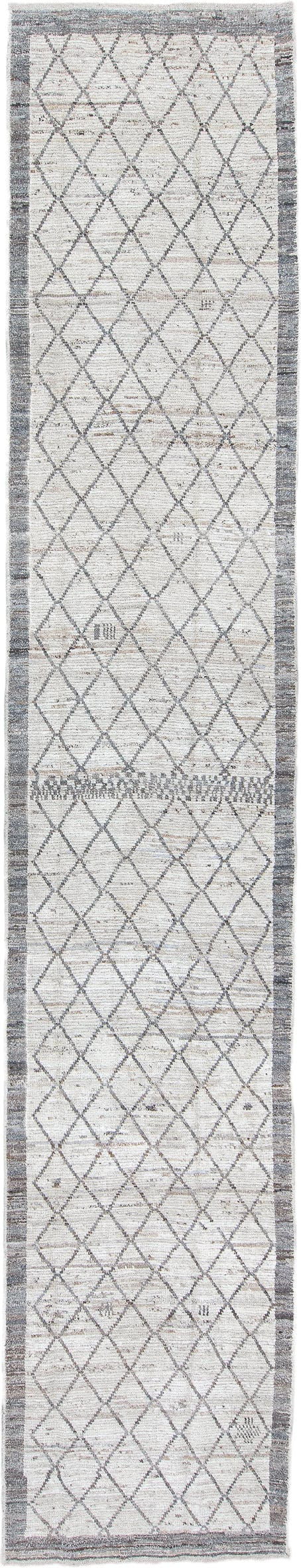 3' x 16' one-of-a-kind handmade vintage Tulu runner rug. Color palette: ivory, gray, taupe, charcoal, beige, black