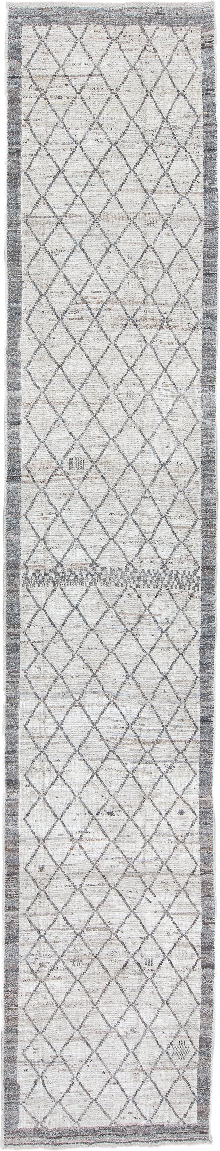 3' x 16' one-of-a-kind handmade vintage Tulu runner rug. Color palette: ivory, gray, taupe, charcoal, beige, black