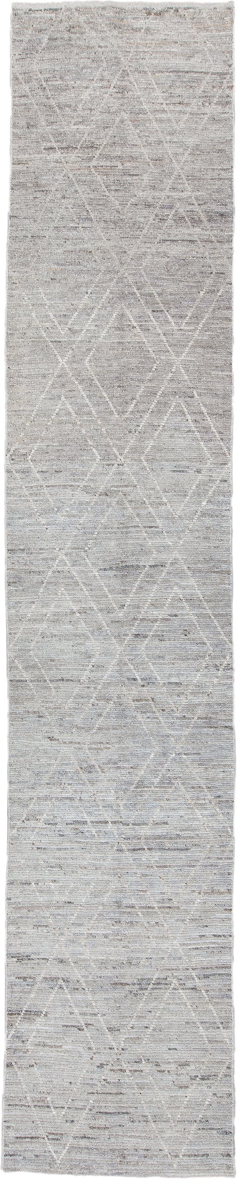3' x 16' one-of-a-kind handmade vintage Tulu runner rug. Color palette: ivory, light gray, taupe, greige, beige, gray