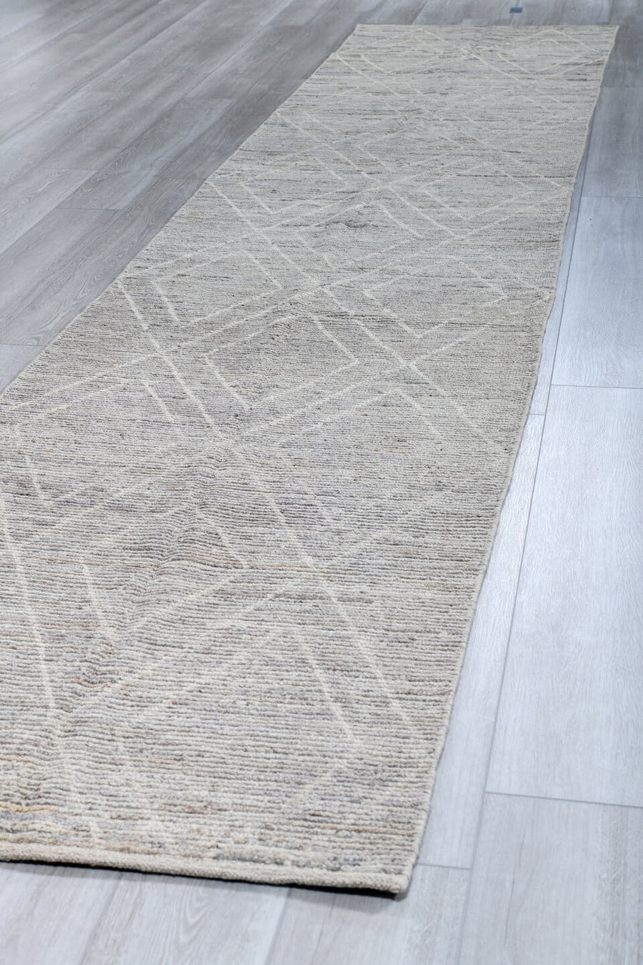 3' x 16' one-of-a-kind handmade vintage Tulu runner rug. Color palette: ivory, light gray, taupe, greige, beige, gray