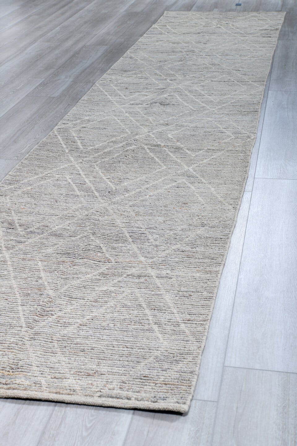 3' x 16' one-of-a-kind handmade vintage Tulu runner rug. Color palette: ivory, light gray, taupe, greige, beige, gray