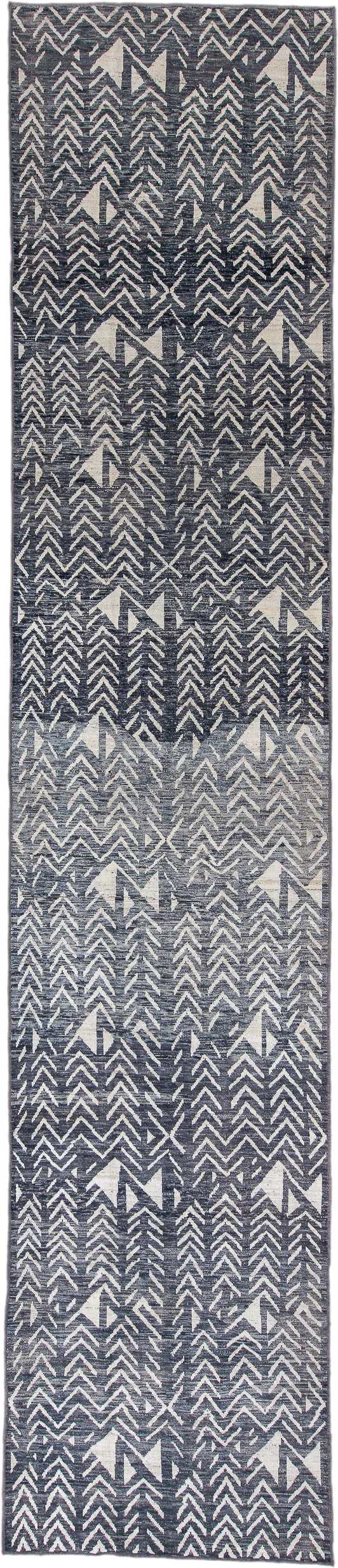 4' x 19' one-of-a-kind handmade vintage Tulu runner rug. Color palette: charcoal, ivory, slate, gray, black