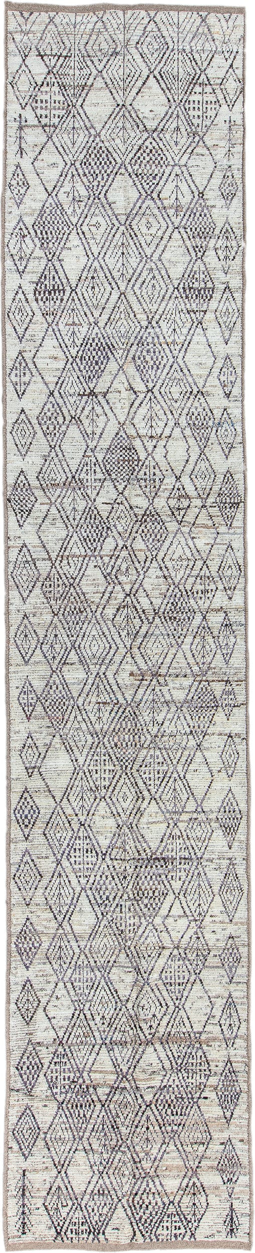 3' x 16' one-of-a-kind handmade vintage Tulu runner rug. Color palette: ivory, charcoal, taupe, brown, gray, black, beige