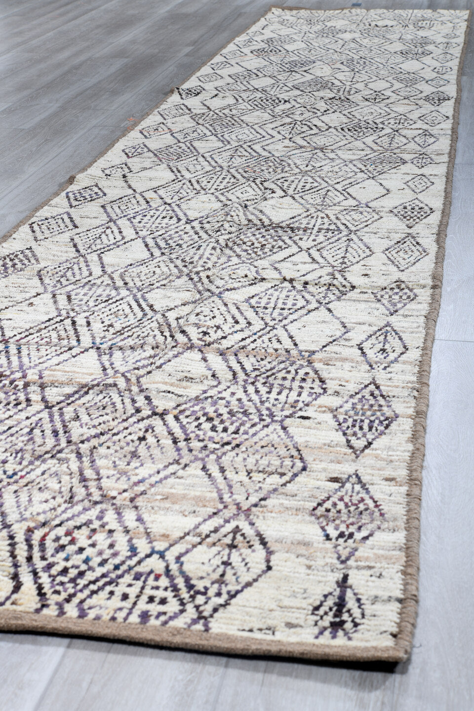 3' x 16' one-of-a-kind handmade vintage Tulu runner rug. Color palette: ivory, charcoal, taupe, brown, gray, black, beige