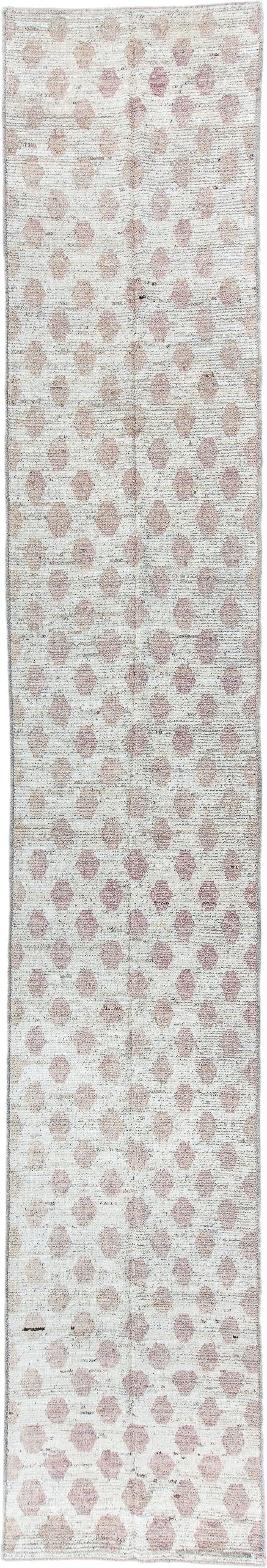 3' x 19' one-of-a-kind handmade vintage Tulu runner rug. Color palette: ivory, blush, taupe, rose, cream, pink, beige, gray