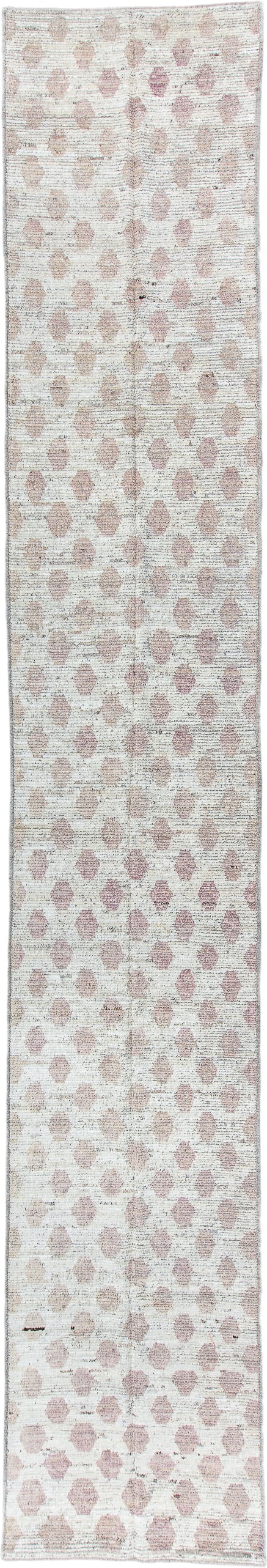 3' x 19' one-of-a-kind handmade vintage Tulu runner rug. Color palette: ivory, blush, taupe, rose, cream, pink, beige, gray