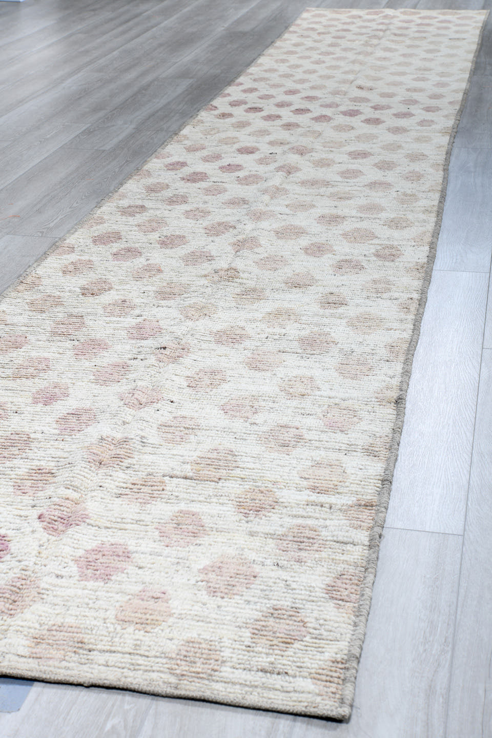 3' x 19' one-of-a-kind handmade vintage Tulu runner rug. Color palette: ivory, blush, taupe, rose, cream, pink, beige, gray