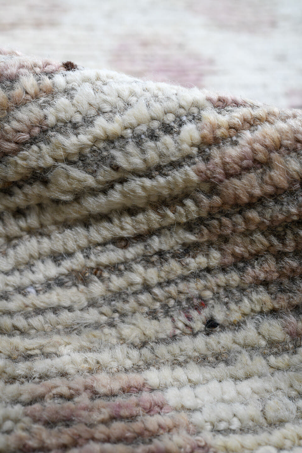 3' x 19' one-of-a-kind handmade vintage Tulu runner rug. Color palette: ivory, blush, taupe, rose, cream, pink, beige, gray