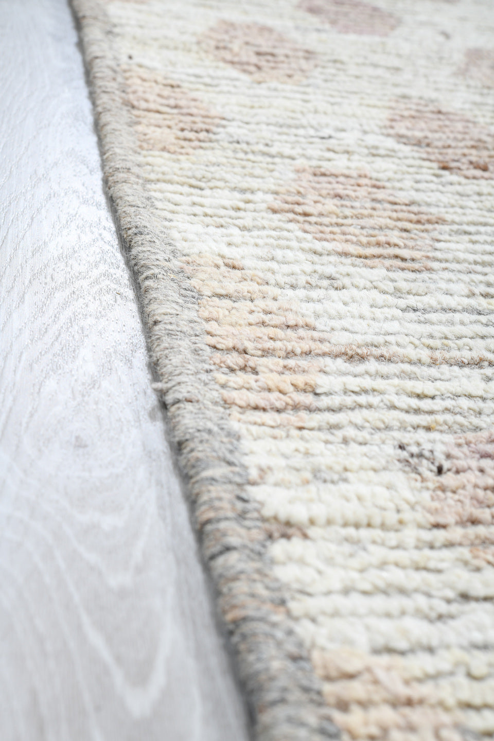 3' x 19' one-of-a-kind handmade vintage Tulu runner rug. Color palette: ivory, blush, taupe, rose, cream, pink, beige, gray
