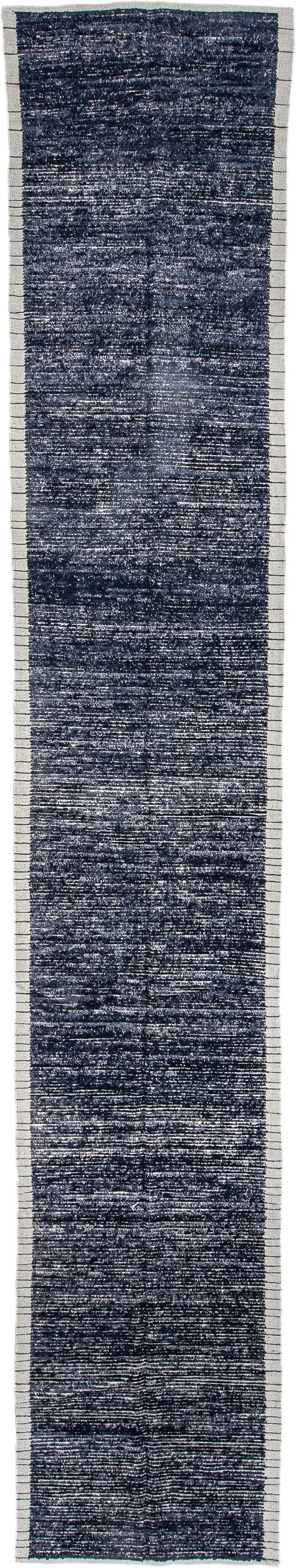 2' x 16' one-of-a-kind handmade vintage Tulu runner rug. Color palette: charcoal, ivory, slate, blue gray, black, gray, blue