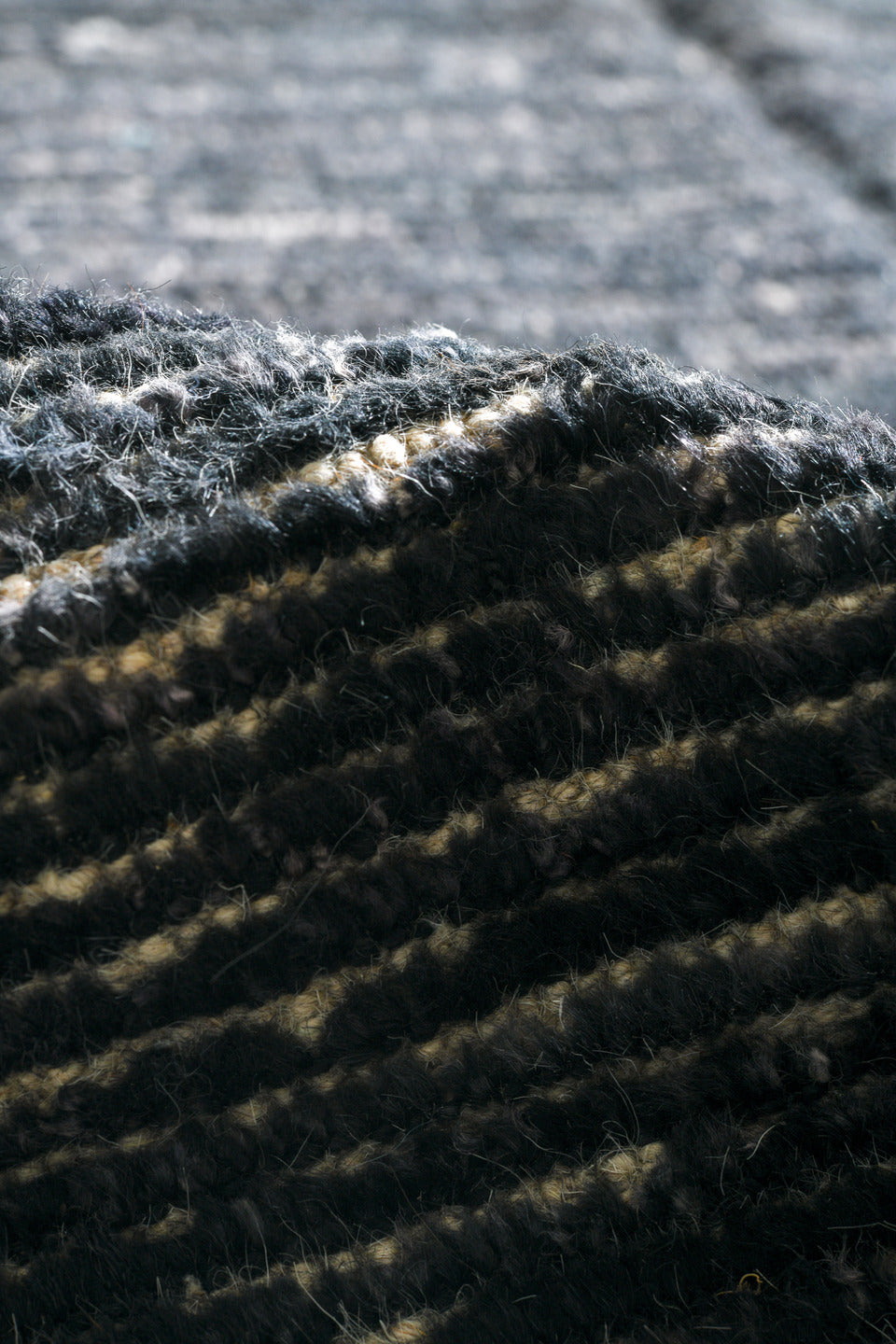2' x 16' one-of-a-kind handmade vintage Tulu runner rug. Color palette: charcoal, ivory, slate, blue gray, black, gray, blue