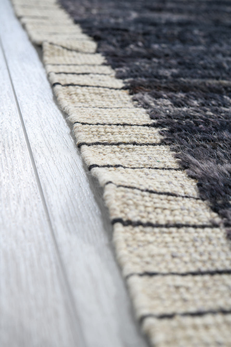 2' x 16' one-of-a-kind handmade vintage Tulu runner rug. Color palette: charcoal, ivory, slate, blue gray, black, gray, blue