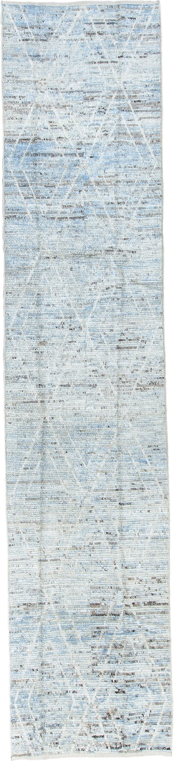 3' x 15' one-of-a-kind handmade vintage Tulu runner rug. Color palette: ivory, pale blue, taupe, charcoal, light blue, beige