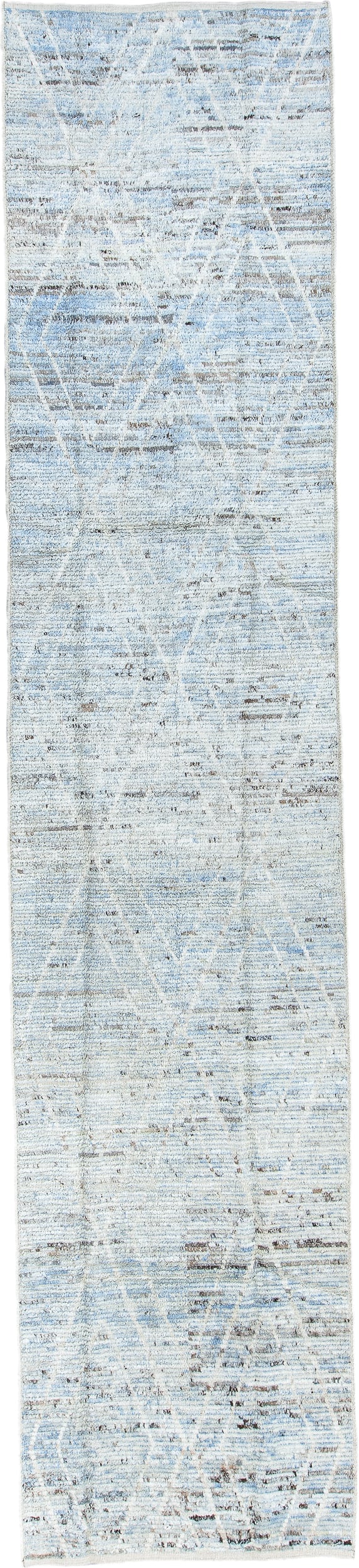3' x 15' one-of-a-kind handmade vintage Tulu runner rug. Color palette: ivory, pale blue, taupe, charcoal, light blue, beige