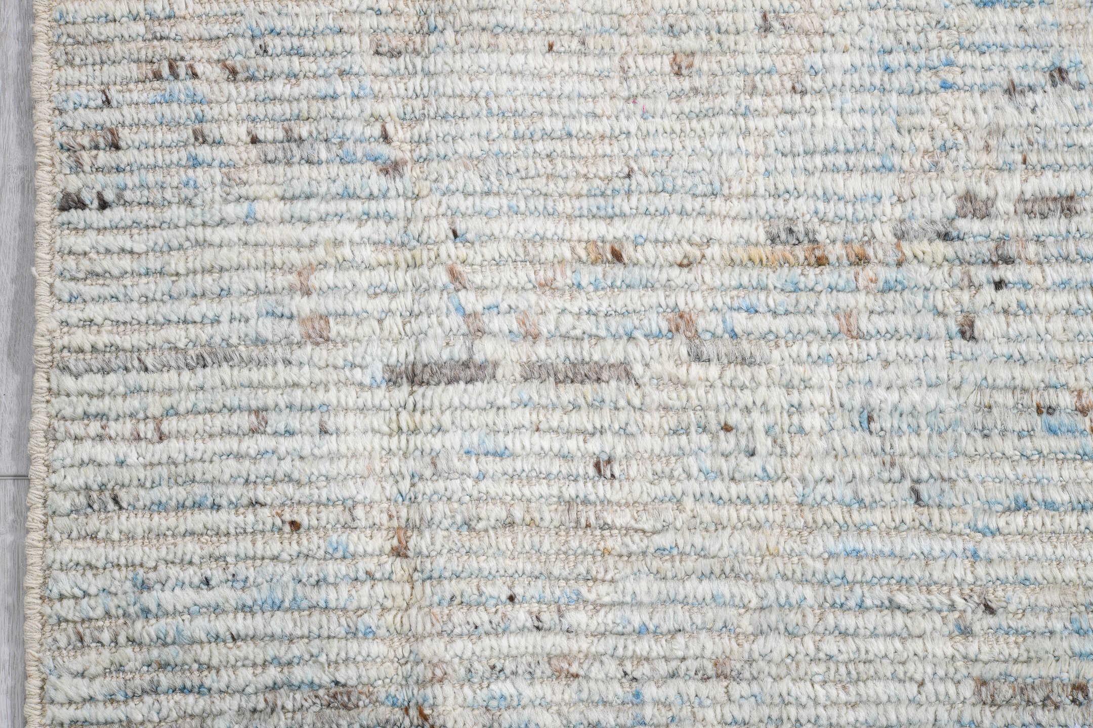3' x 15' one-of-a-kind handmade vintage Tulu runner rug. Color palette: ivory, pale blue, taupe, charcoal, light blue, beige