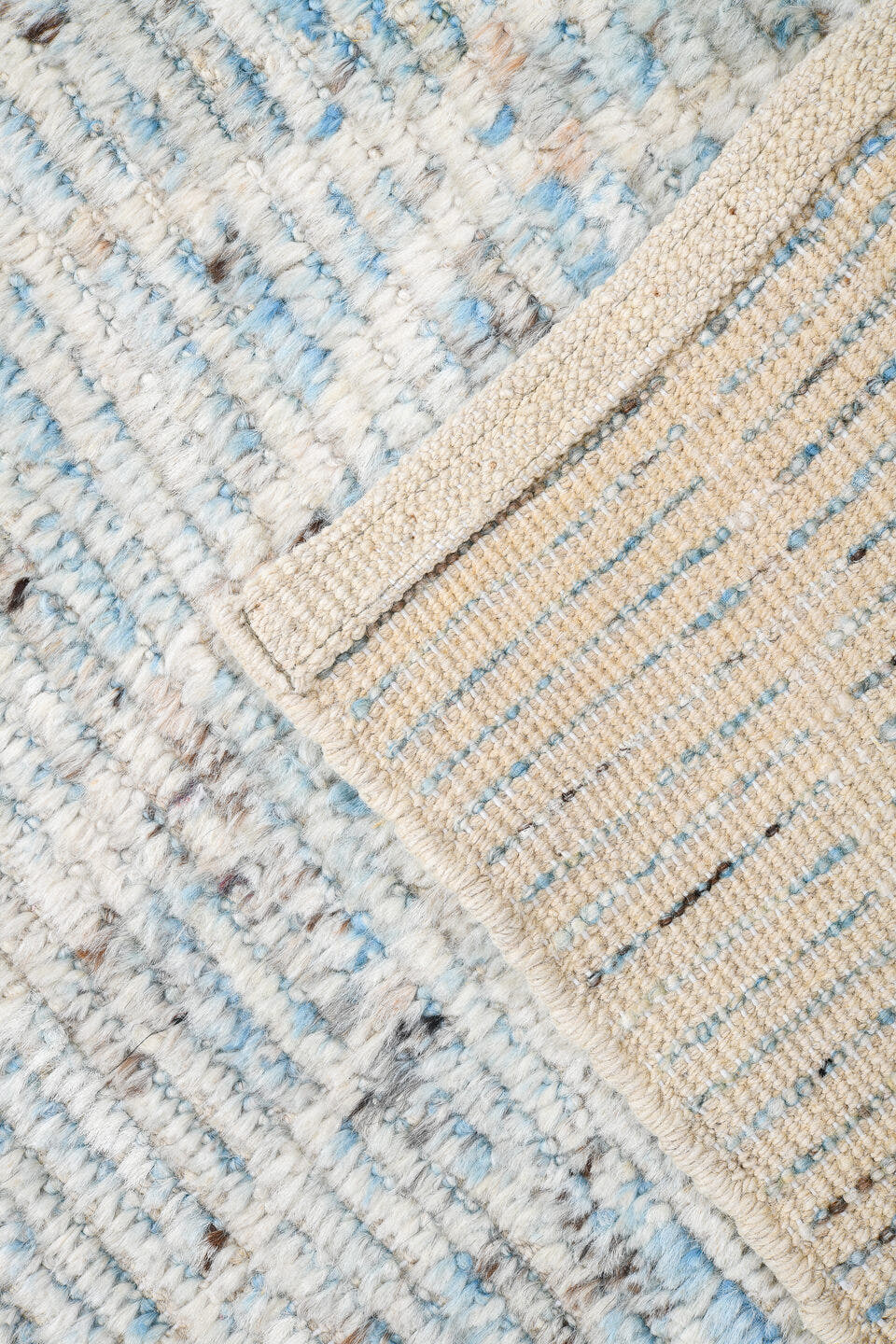 3' x 15' one-of-a-kind handmade vintage Tulu runner rug. Color palette: ivory, pale blue, taupe, charcoal, light blue, beige