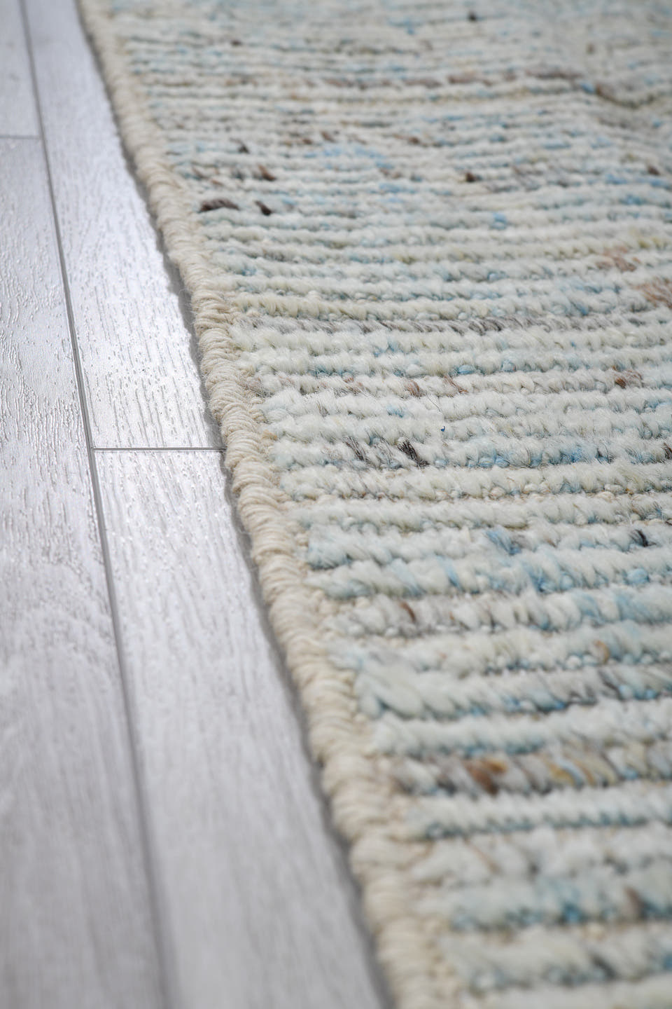 3' x 15' one-of-a-kind handmade vintage Tulu runner rug. Color palette: ivory, pale blue, taupe, charcoal, light blue, beige