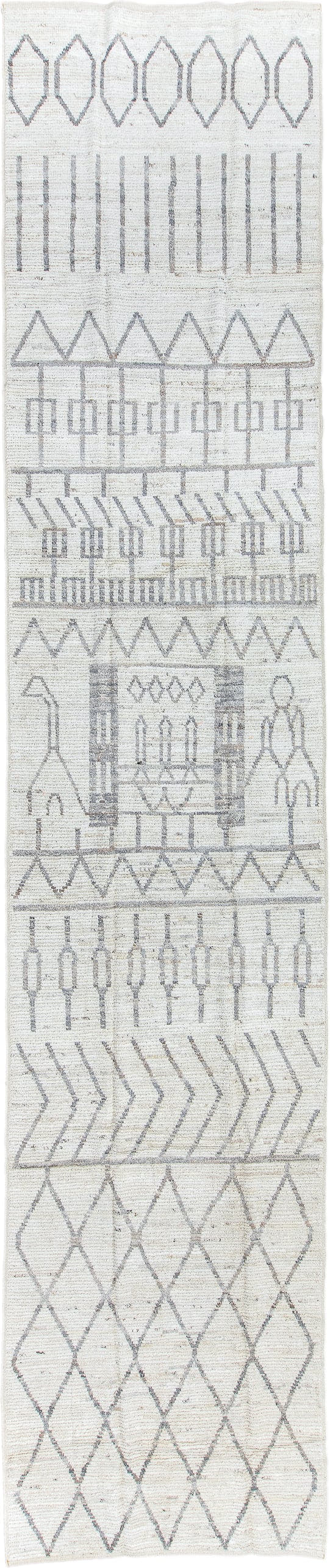 4' x 19' one-of-a-kind handmade vintage Tulu runner rug. Color palette: ivory, light gray, taupe, cream, beige, gray