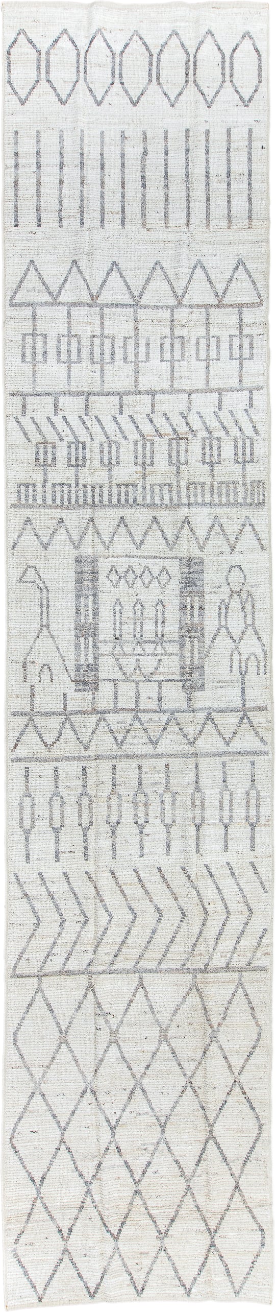4' x 19' one-of-a-kind handmade vintage Tulu runner rug. Color palette: ivory, light gray, taupe, cream, beige, gray
