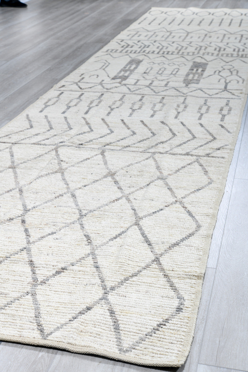 4' x 19' one-of-a-kind handmade vintage Tulu runner rug. Color palette: ivory, light gray, taupe, cream, beige, gray