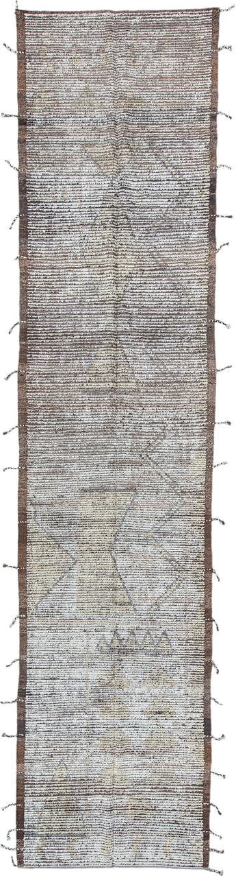 3' x 14' one-of-a-kind handmade vintage Tulu runner rug. Color palette: ivory, brown, taupe, charcoal, cream, beige, gray