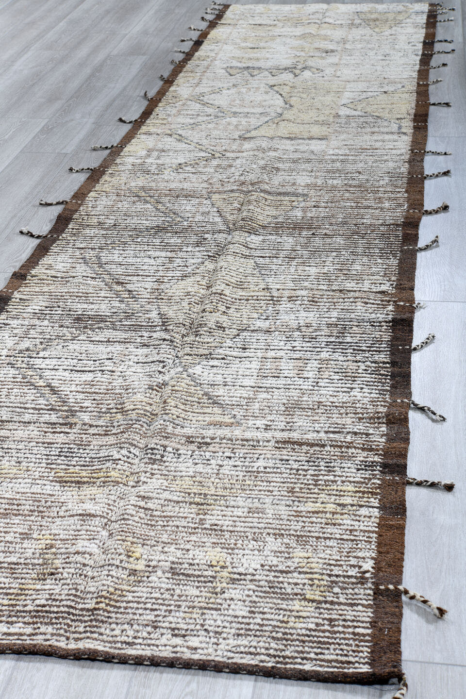 3' x 14' one-of-a-kind handmade vintage Tulu runner rug. Color palette: ivory, brown, taupe, charcoal, cream, beige, gray
