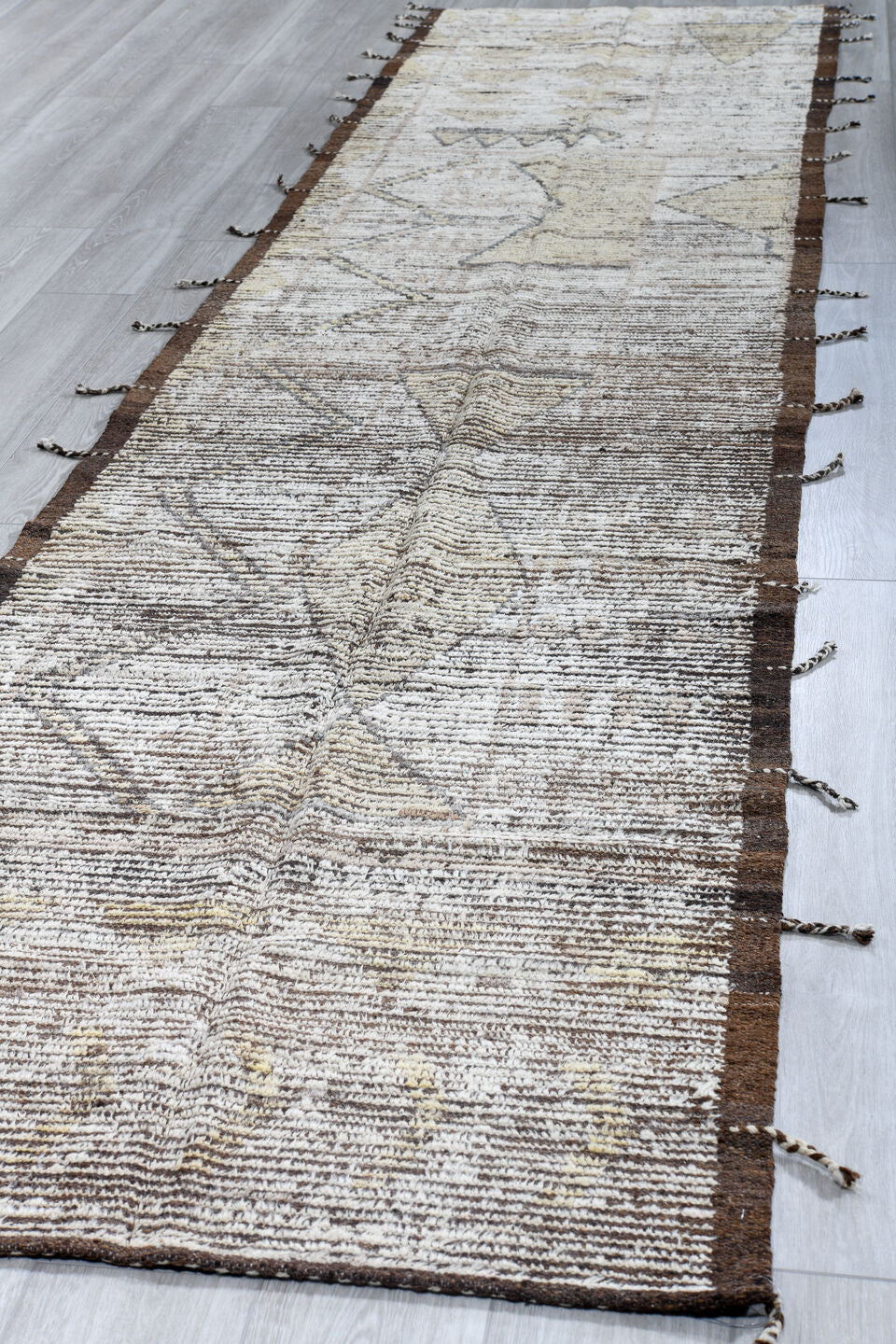 3' x 14' one-of-a-kind handmade vintage Tulu runner rug. Color palette: ivory, brown, taupe, charcoal, cream, beige, gray