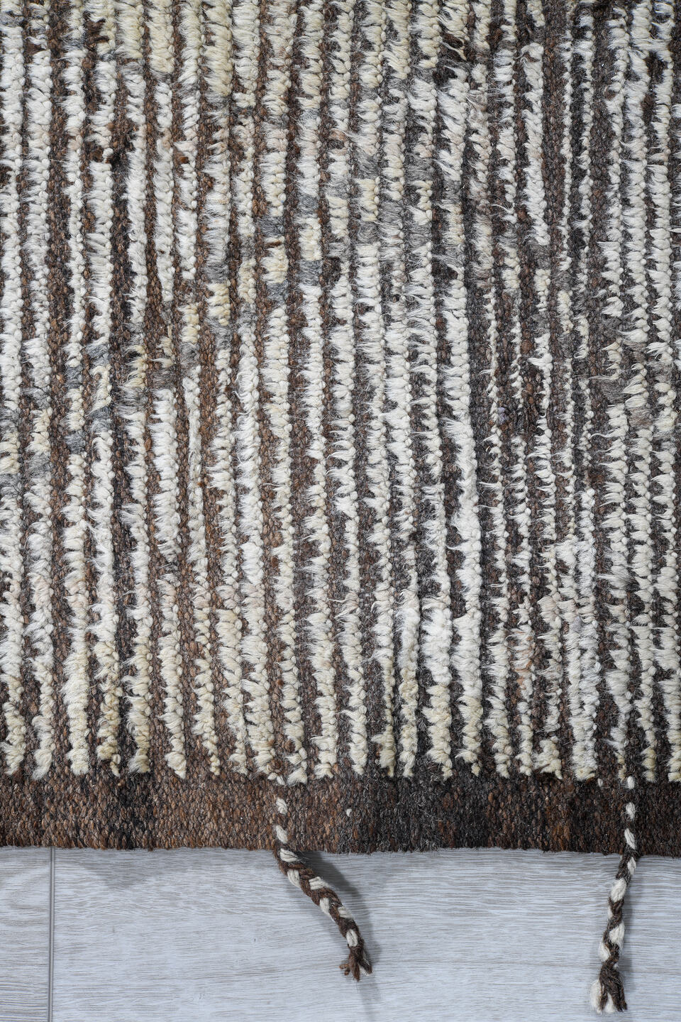 3' x 14' one-of-a-kind handmade vintage Tulu runner rug. Color palette: ivory, brown, taupe, charcoal, cream, beige, gray