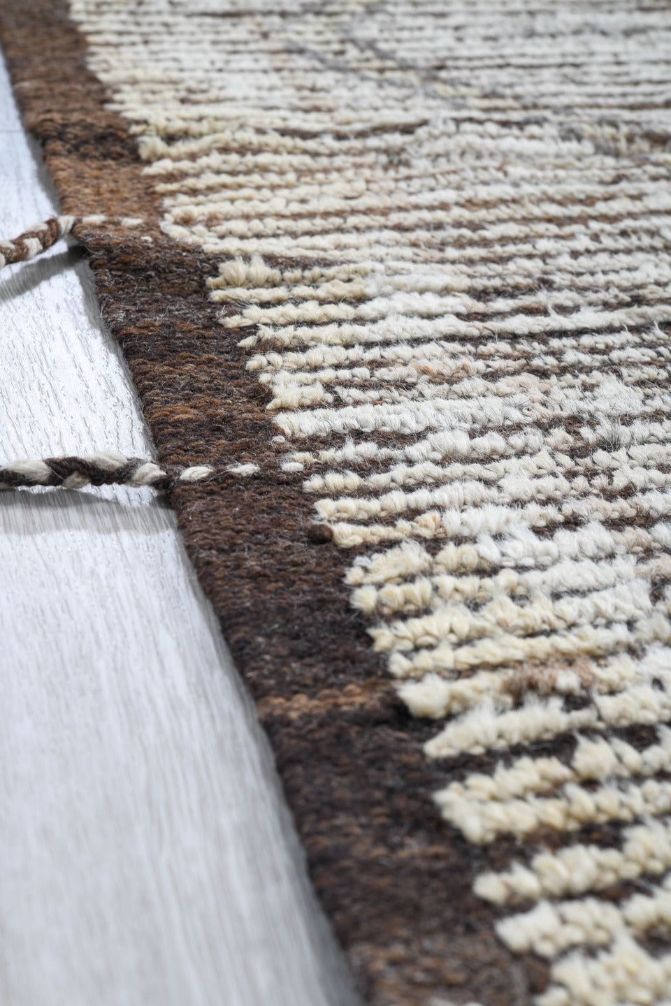 3' x 14' one-of-a-kind handmade vintage Tulu runner rug. Color palette: ivory, brown, taupe, charcoal, cream, beige, gray