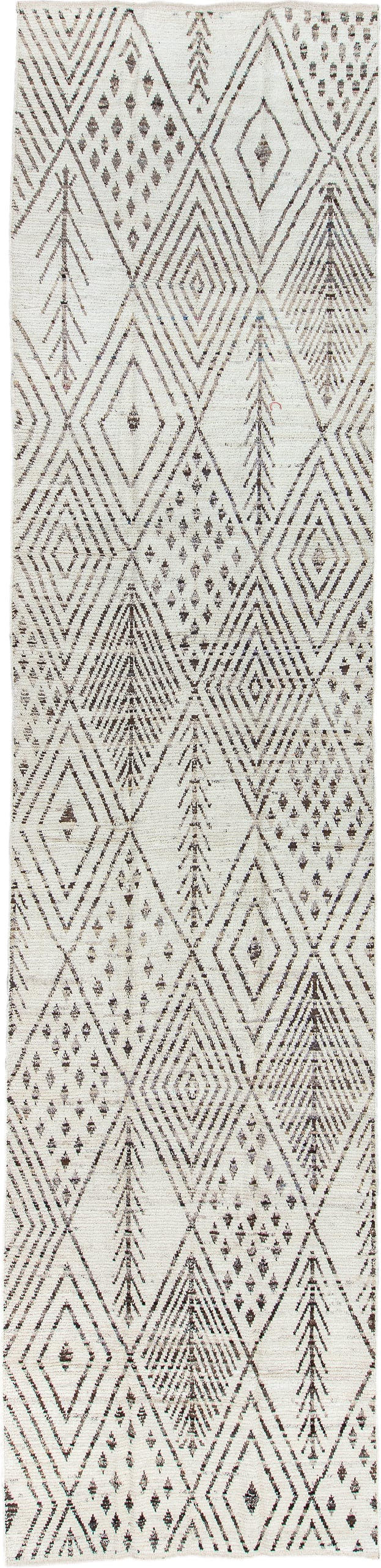 4' x 18' one-of-a-kind handmade vintage Tulu runner rug. Color palette: ivory, charcoal, taupe, brown, black, gray, beige