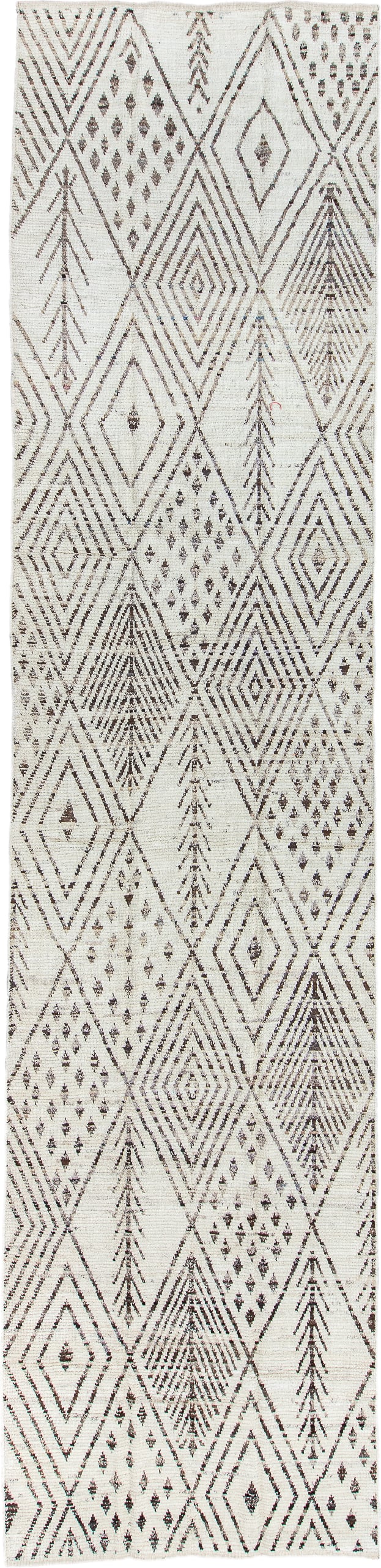 4' x 18' one-of-a-kind handmade vintage Tulu runner rug. Color palette: ivory, charcoal, taupe, brown, black, gray, beige