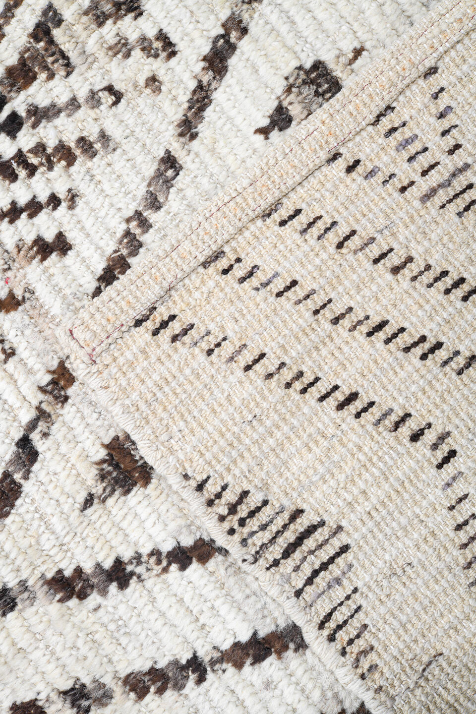 4' x 18' one-of-a-kind handmade vintage Tulu runner rug. Color palette: ivory, charcoal, taupe, brown, black, gray, beige