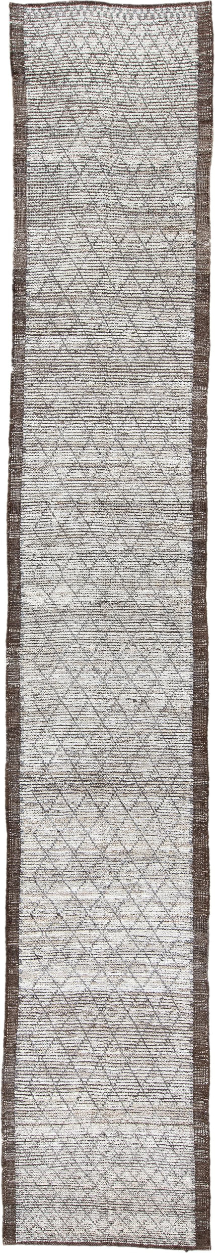 2' x 16' one-of-a-kind handmade vintage Tulu runner rug. Color palette: ivory, brown, taupe, charcoal, beige, gray, black