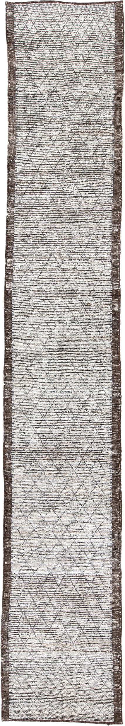 2' x 16' one-of-a-kind handmade vintage Tulu runner rug. Color palette: ivory, brown, taupe, charcoal, beige, gray, black